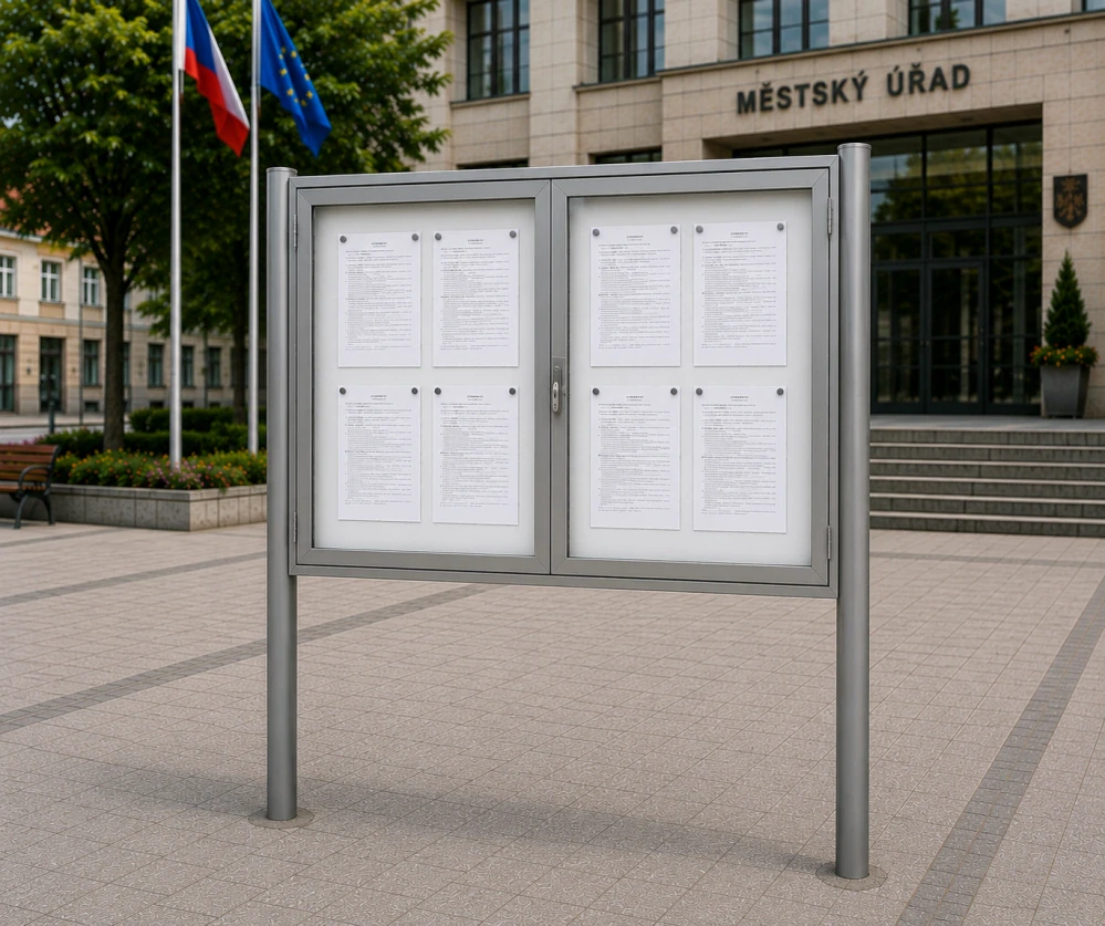 Oboustranná dvoukřídlá venkovní informační vitrína DH80 16×A4 se sloupky